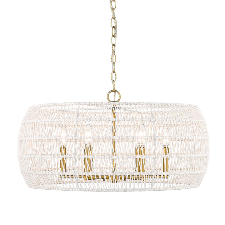 6 Light Chandelier In Modern Brushed Gold With White Raphia Rope Shade