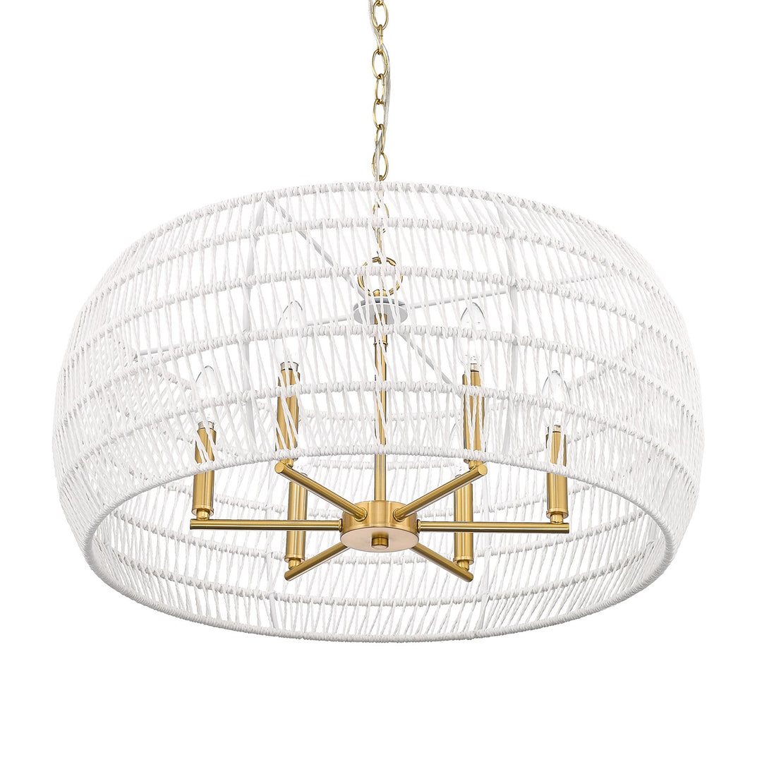 6 Light Chandelier In Modern Brushed Gold With White Raphia Rope Shade