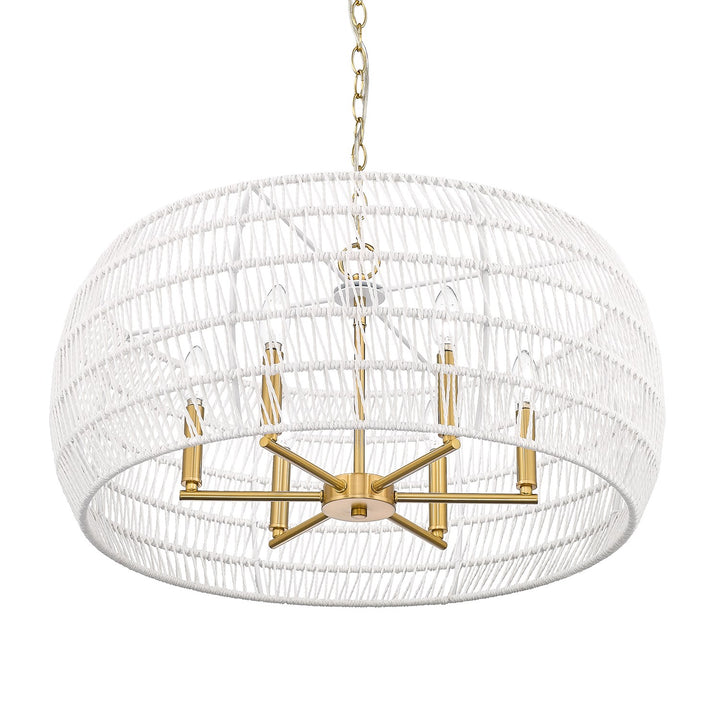 6 Light Chandelier In Modern Brushed Gold With White Raphia Rope Shade