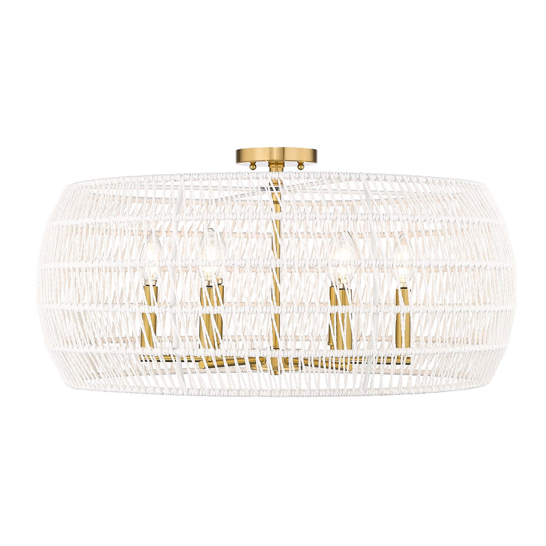 4 Light Semi-Flush In Modern Brushed Gold With White Raphia Rope Shade