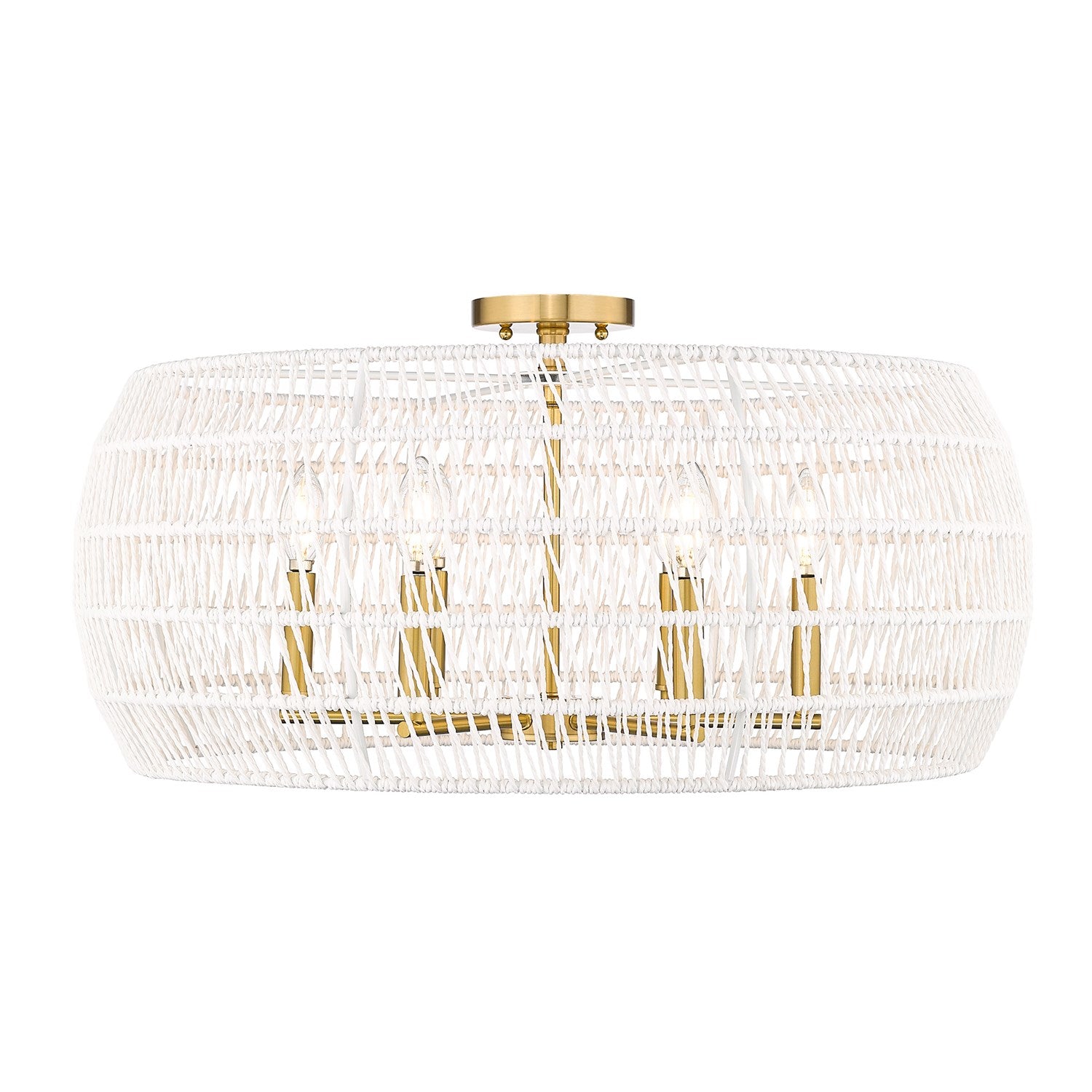 4 Light Semi-Flush In Modern Brushed Gold With White Raphia Rope Shade