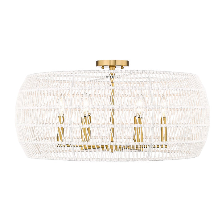 4 Light Semi-Flush In Modern Brushed Gold With White Raphia Rope Shade