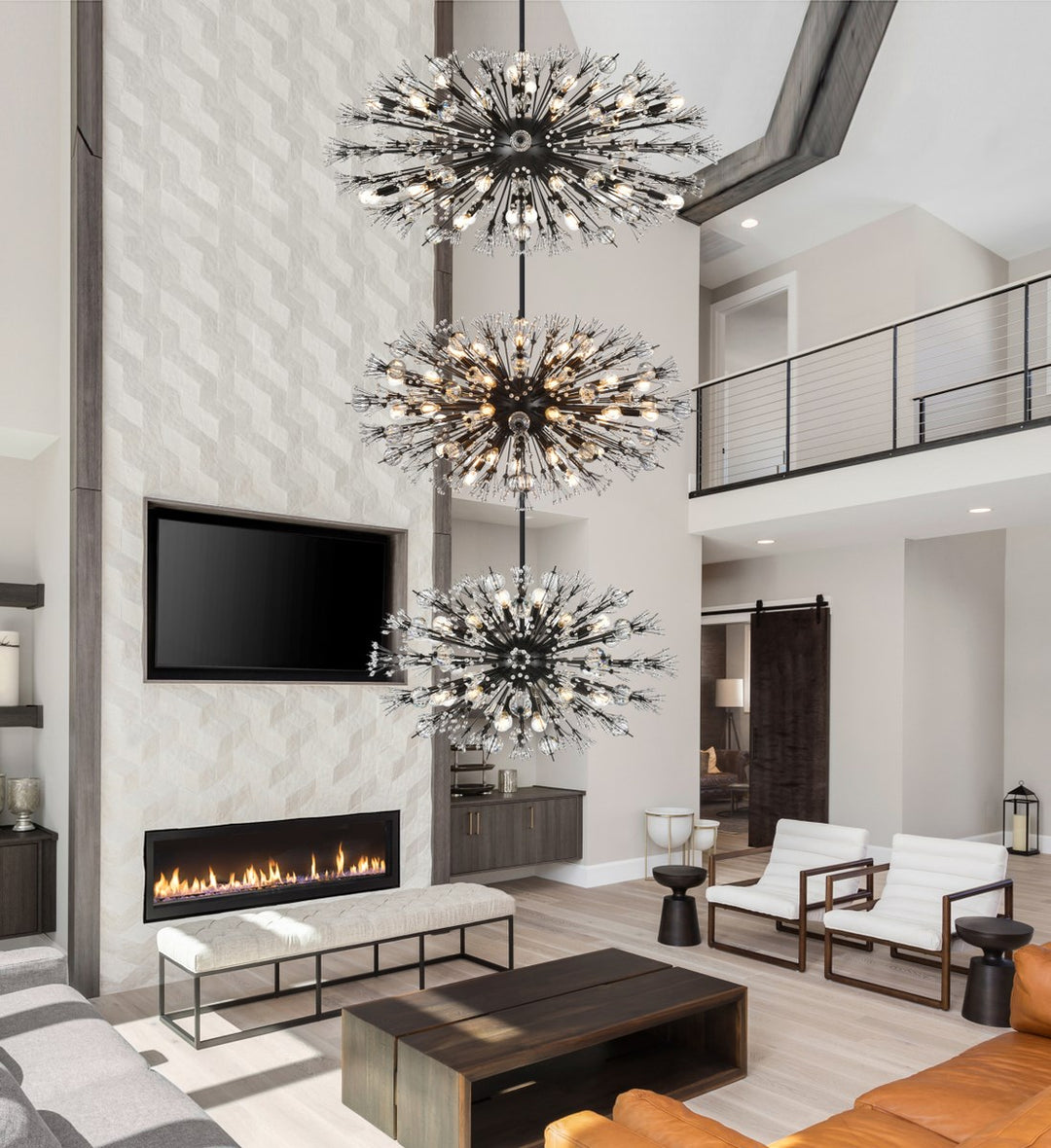 48 Inch Three Tiers Crystal Starburst Chandelier In Black