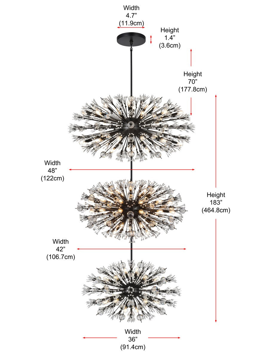 48 Inch Three Tiers Crystal Starburst Chandelier In Black