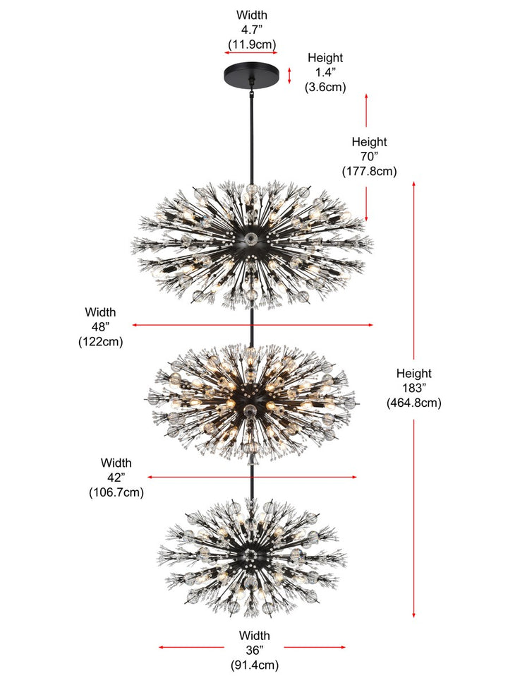 48 Inch Three Tiers Crystal Starburst Chandelier In Black
