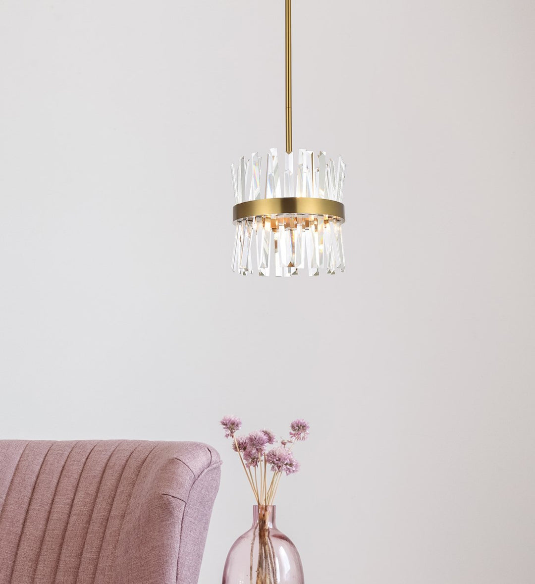 12 Inch Crystal Round Pendant Light In Satin Gold
