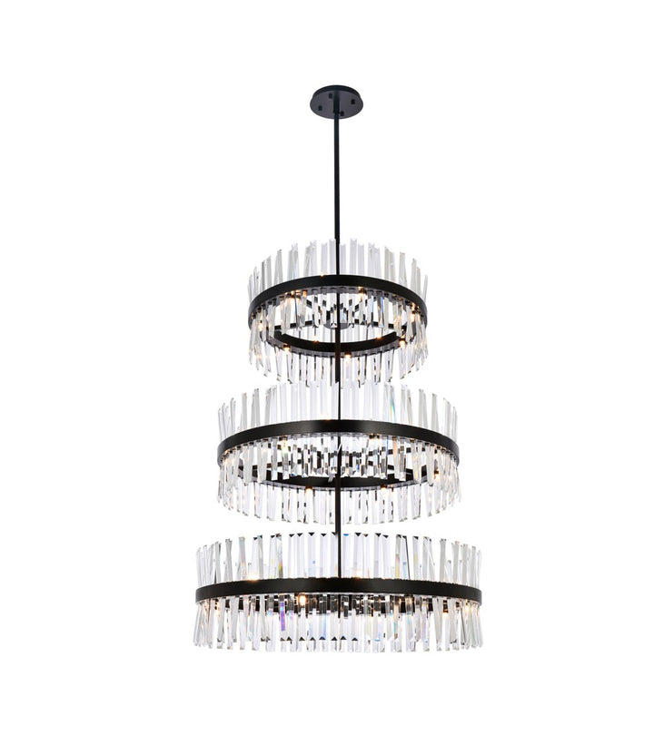 36 Inch 3 Tiers Crystal Round Chandelier Light In Black