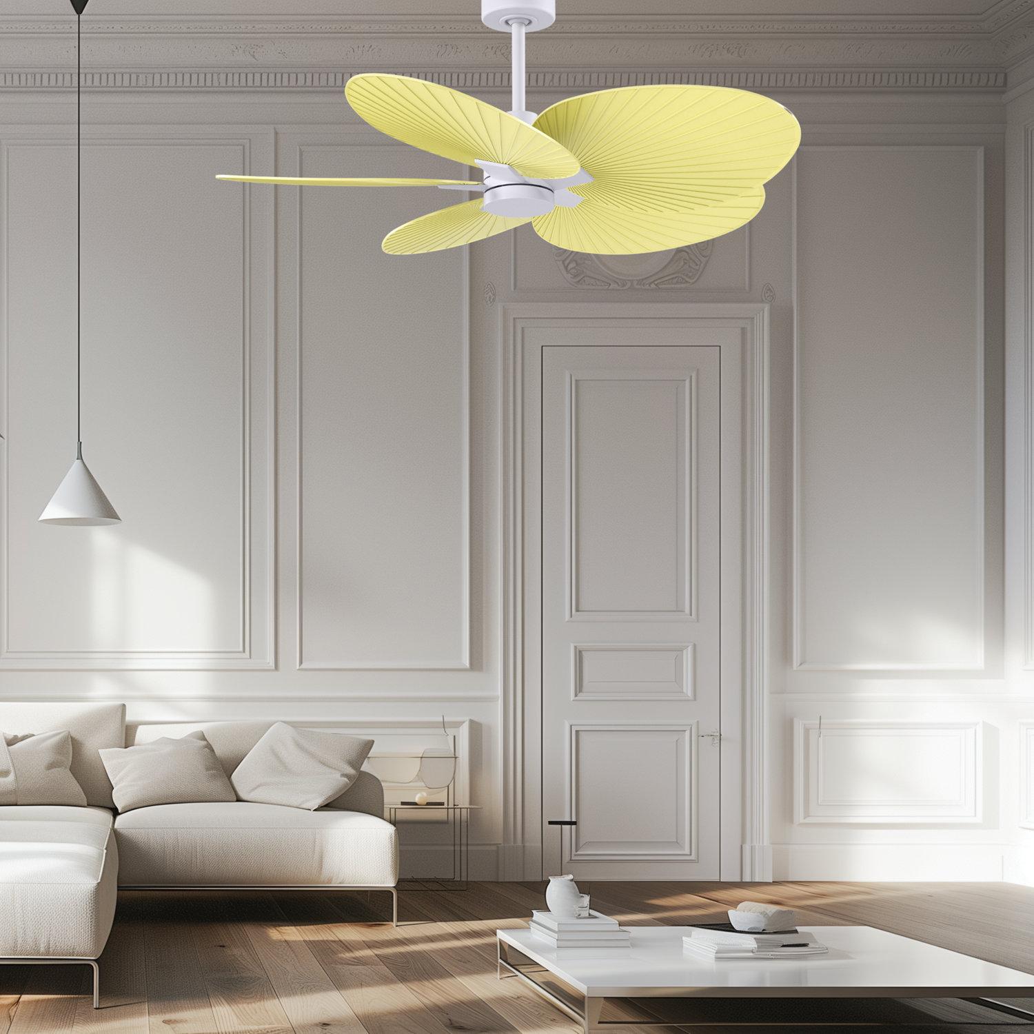 5-Blade Ceiling Fan In Matte White And Light Yellow Blades