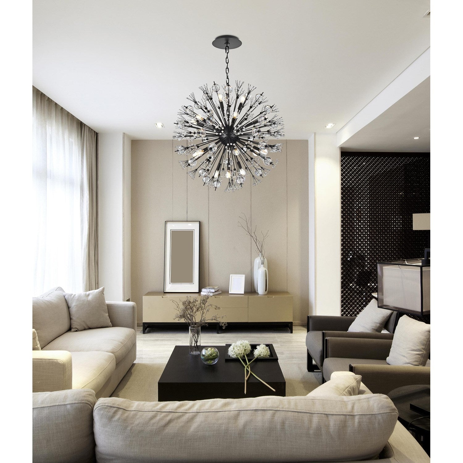 32 Inch Crystal Starburst Round Pendant In Black
