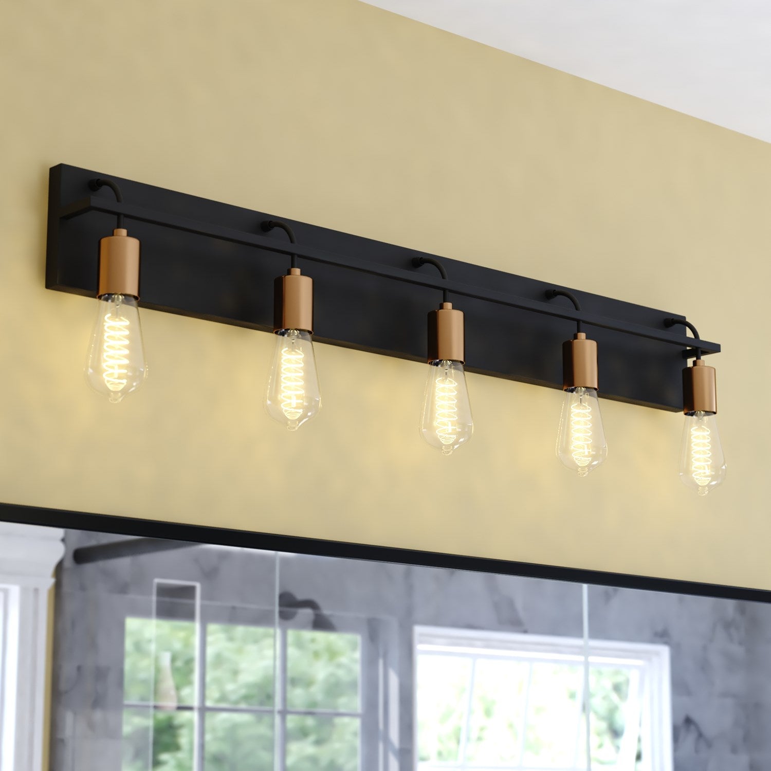 36-In. W 5 Light Vanity Black And Satin Brass