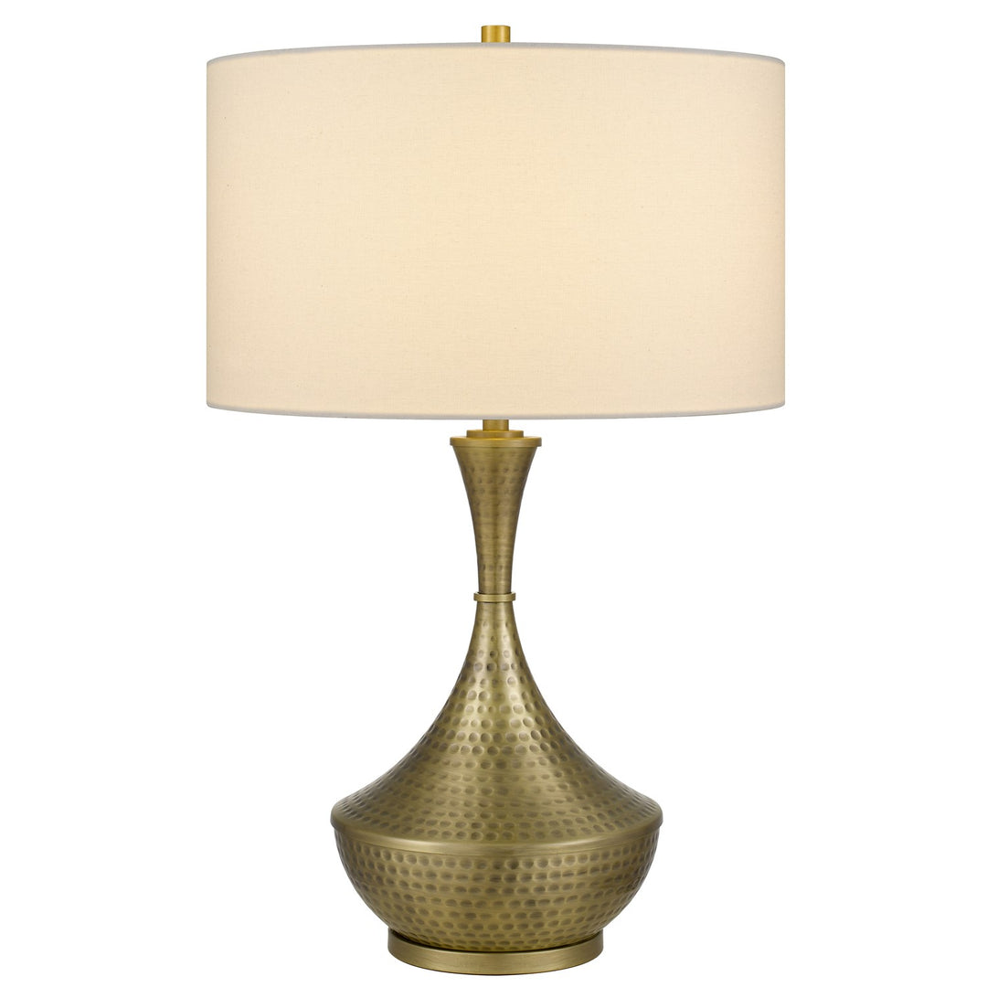 150W 3 Way  Hand Hammered Metal Table Lamp With Drum Hardback Fabric Shade