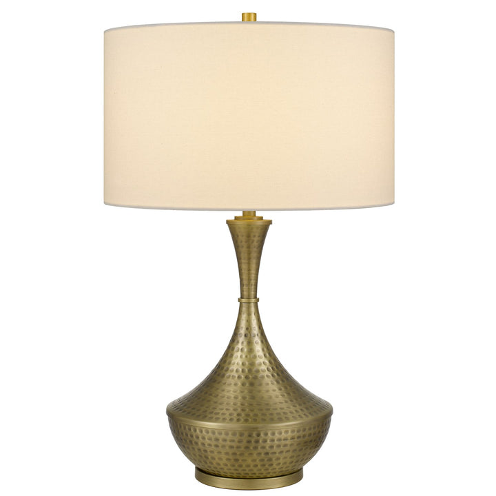 150W 3 Way  Hand Hammered Metal Table Lamp With Drum Hardback Fabric Shade