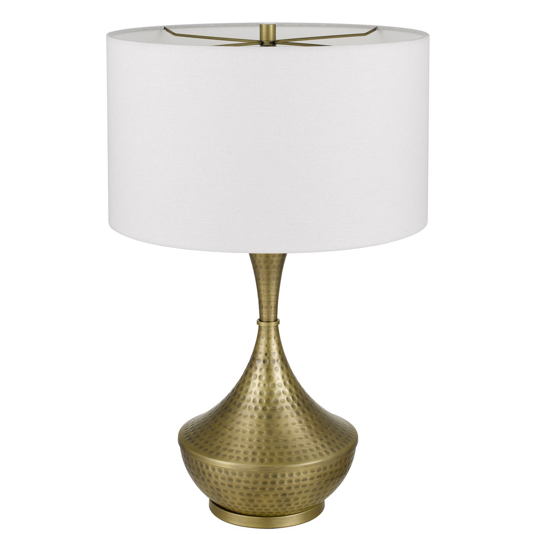 150W 3 Way  Hand Hammered Metal Table Lamp With Drum Hardback Fabric Shade