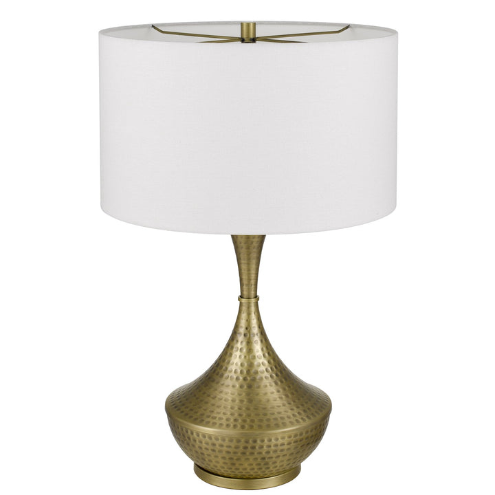 150W 3 Way  Hand Hammered Metal Table Lamp With Drum Hardback Fabric Shade