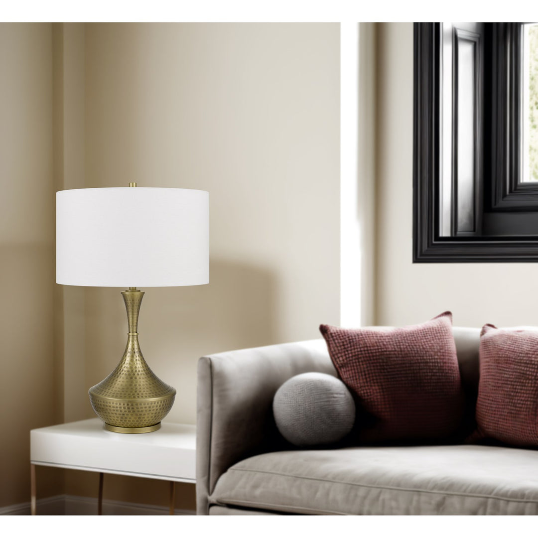 150W 3 Way  Hand Hammered Metal Table Lamp With Drum Hardback Fabric Shade