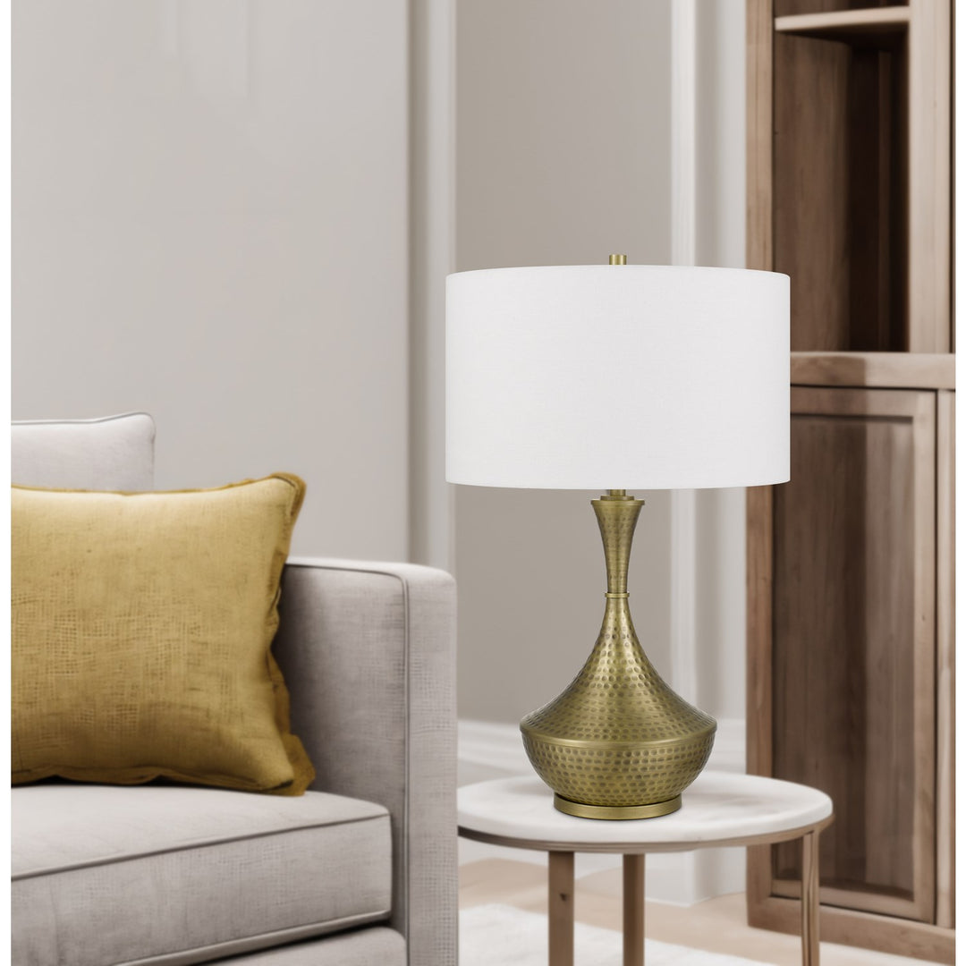 150W 3 Way  Hand Hammered Metal Table Lamp With Drum Hardback Fabric Shade