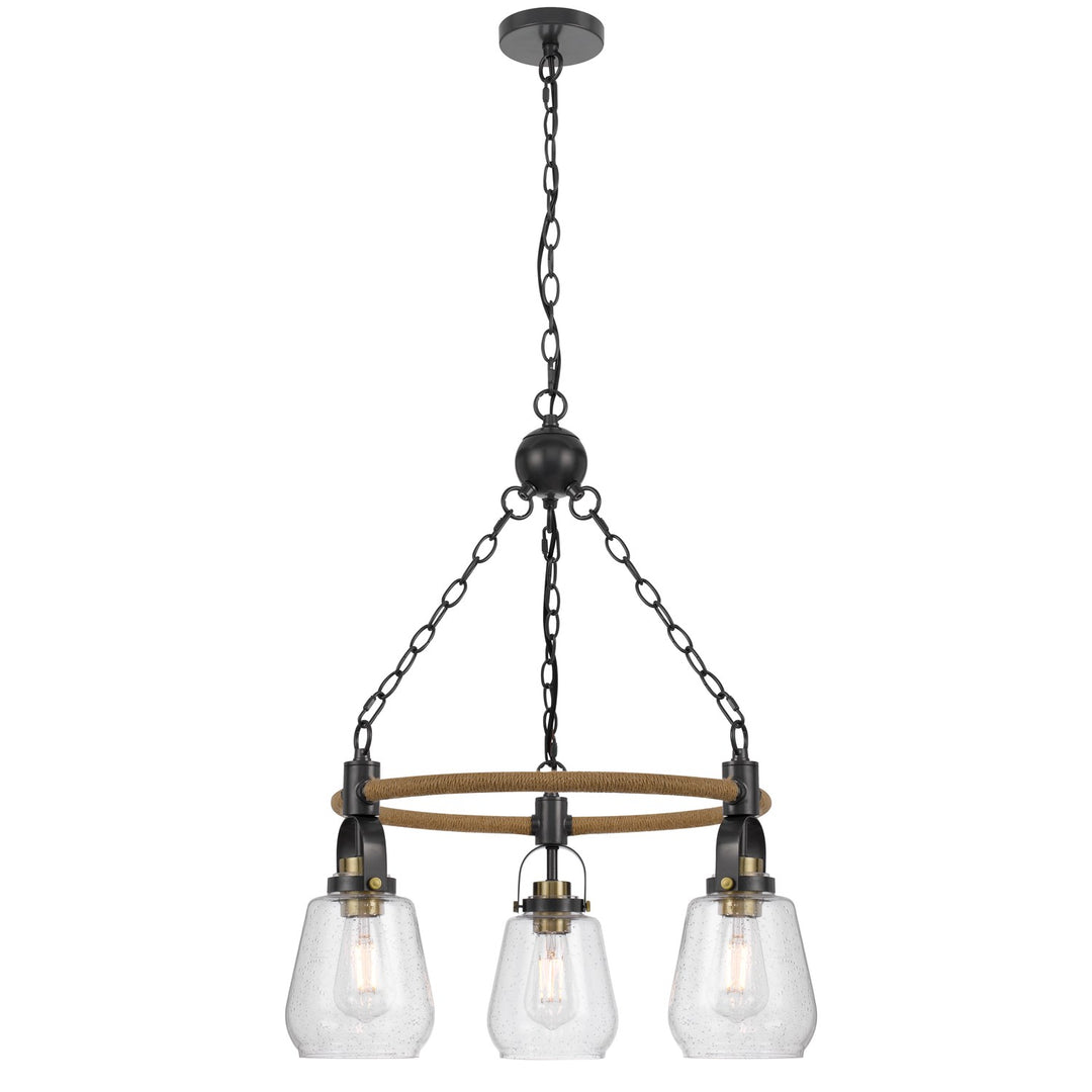 60W X 3  Metal Chandelier With Burlap Accent And Glass Shades