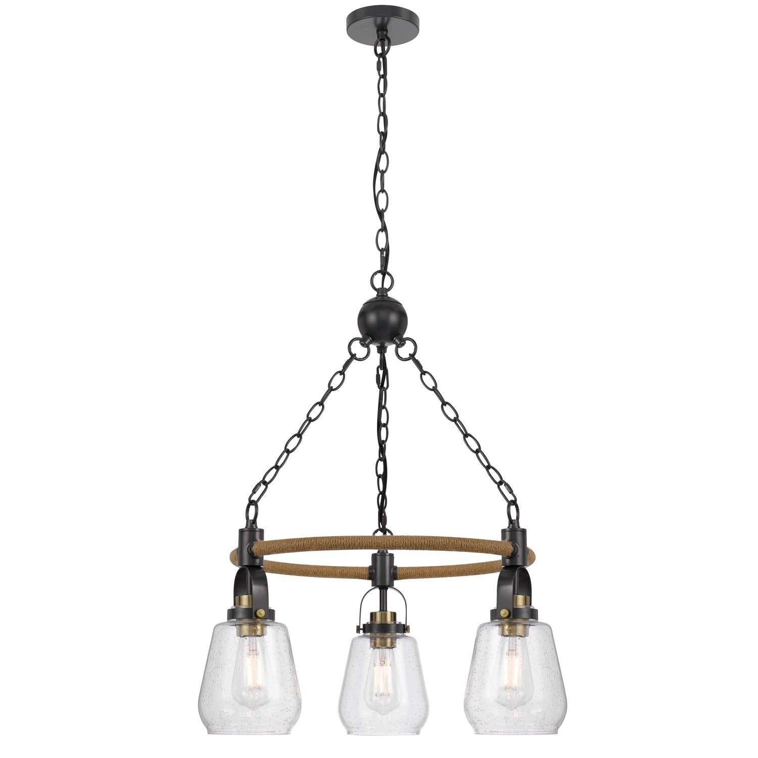 60W X 3  Metal Chandelier With Burlap Accent And Glass Shades