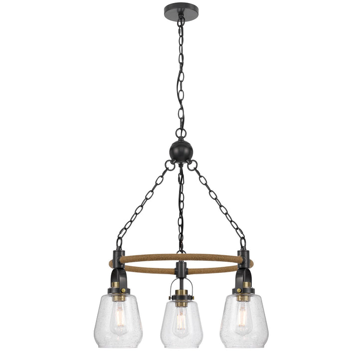 60W X 3  Metal Chandelier With Burlap Accent And Glass Shades