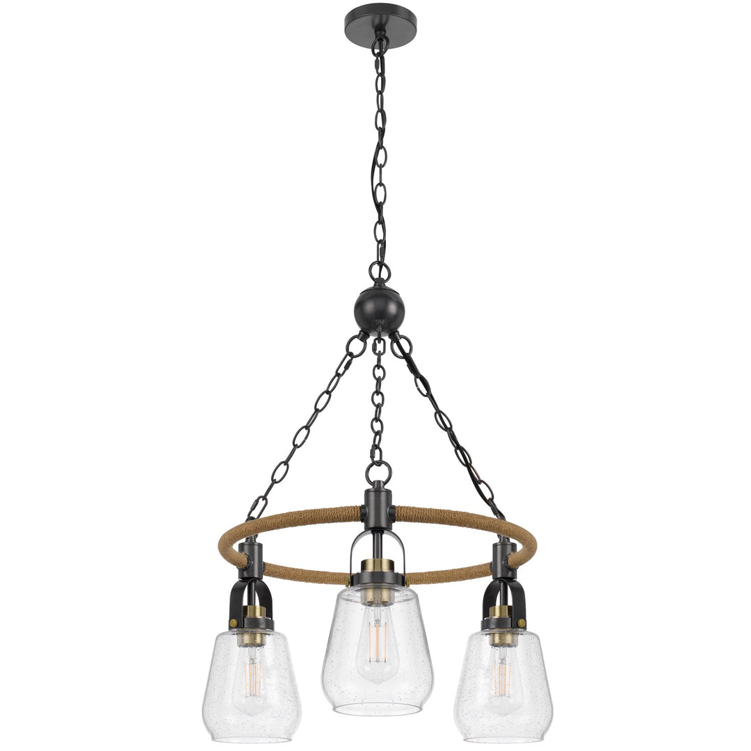 60W X 3  Metal Chandelier With Burlap Accent And Glass Shades