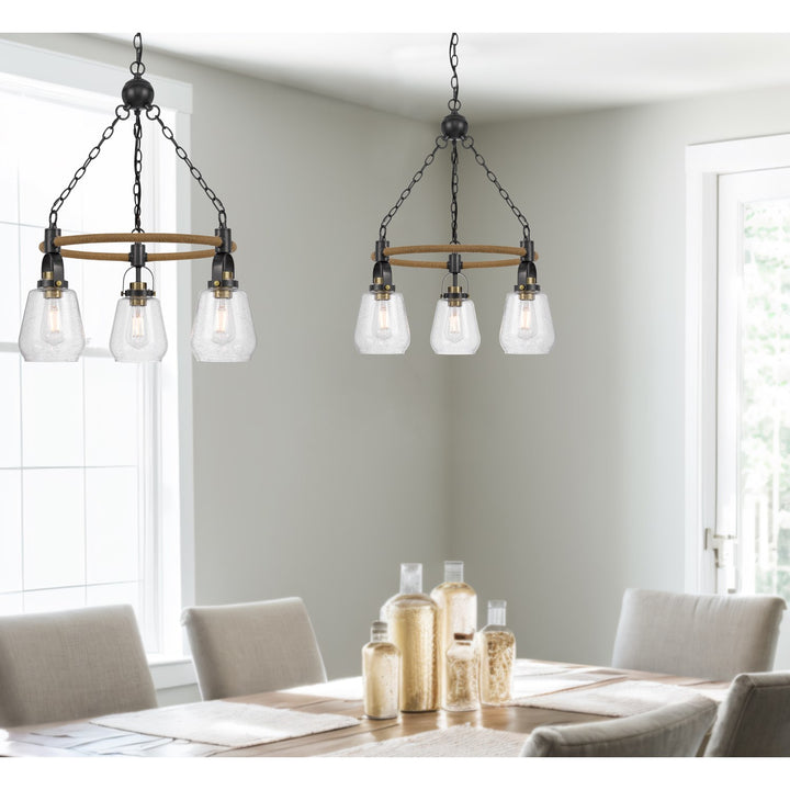 60W X 3  Metal Chandelier With Burlap Accent And Glass Shades
