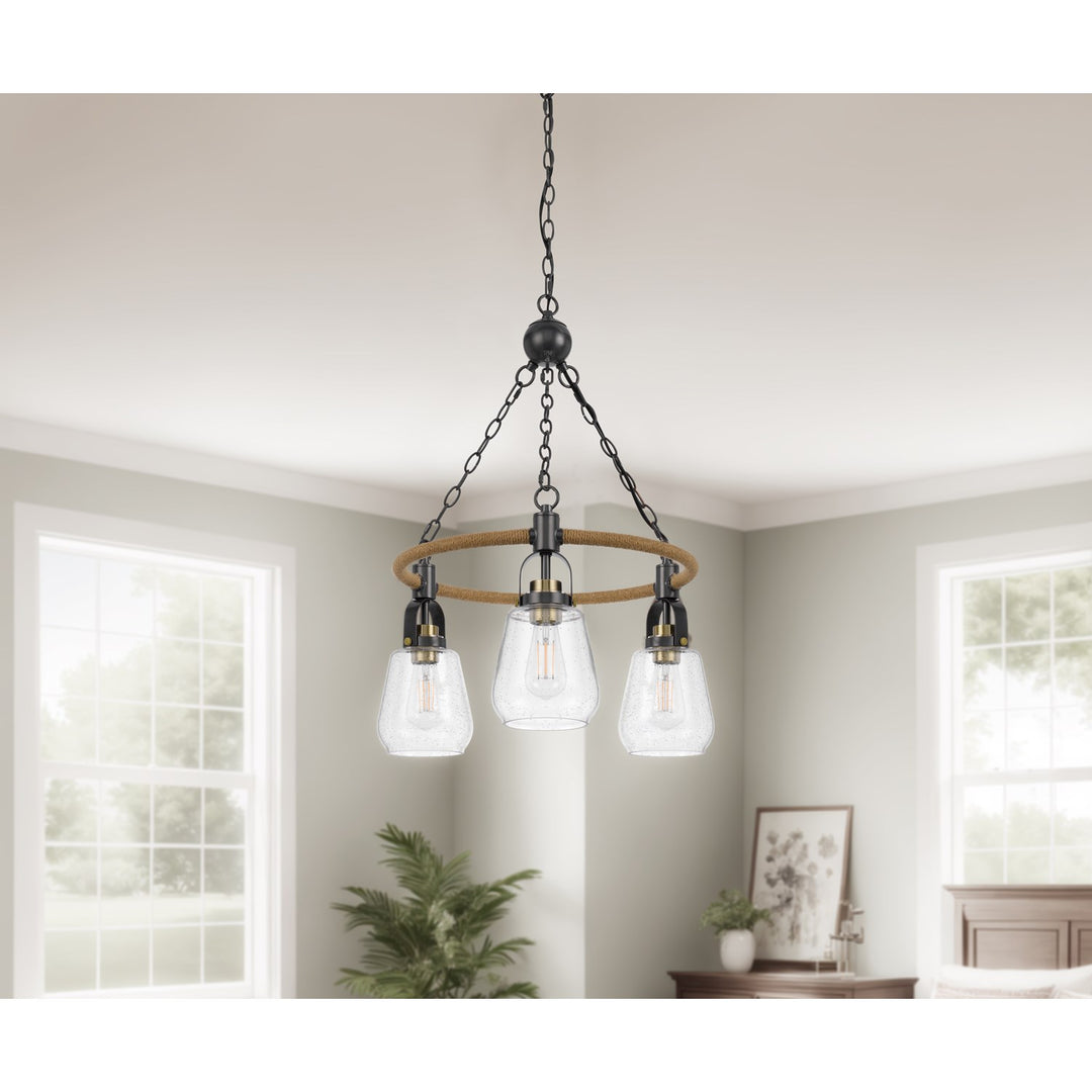 60W X 3  Metal Chandelier With Burlap Accent And Glass Shades