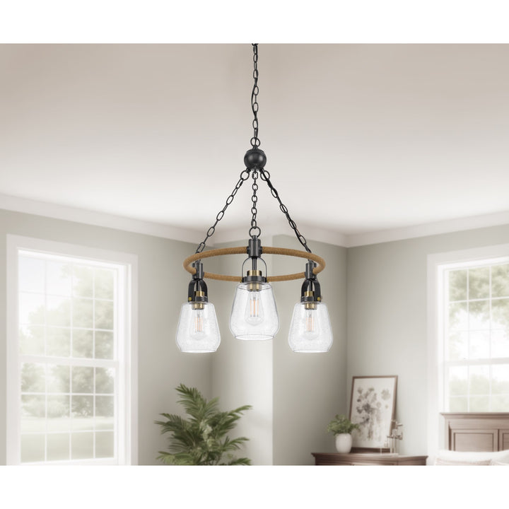 60W X 3  Metal Chandelier With Burlap Accent And Glass Shades