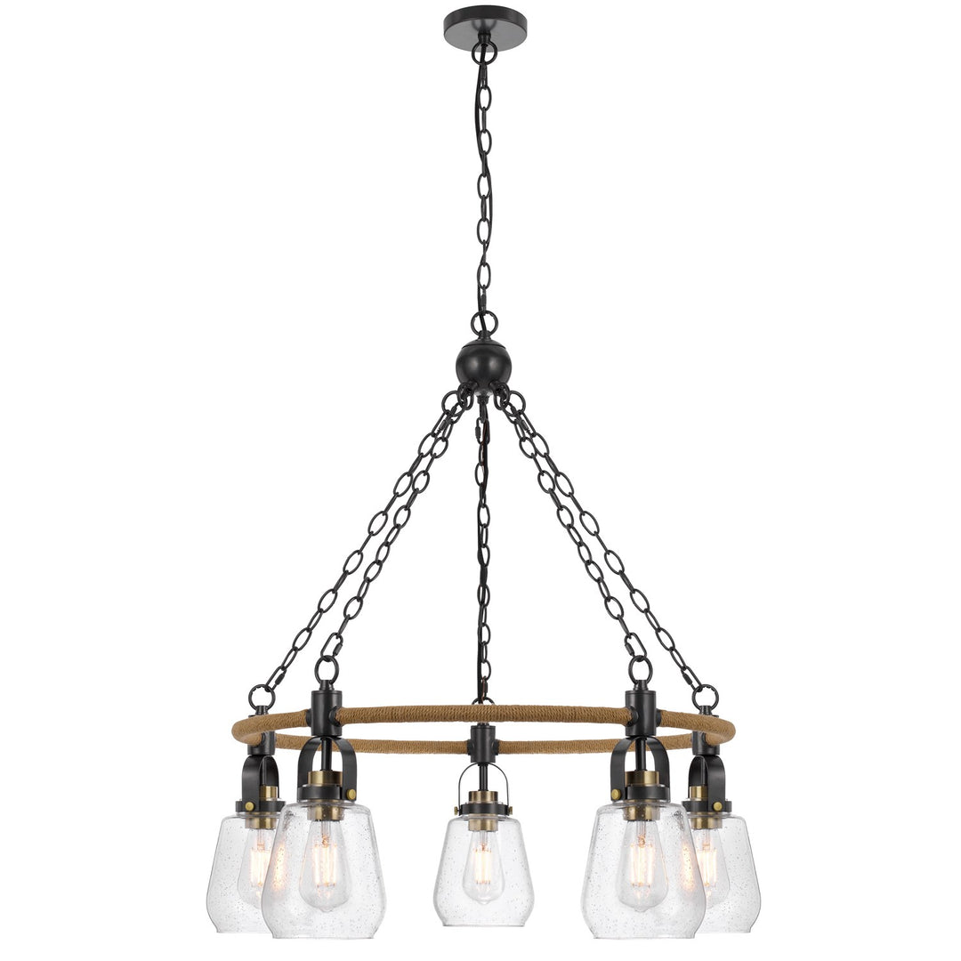60W X 5  Metal Chandelier With Burlap Accent And Glass Shades