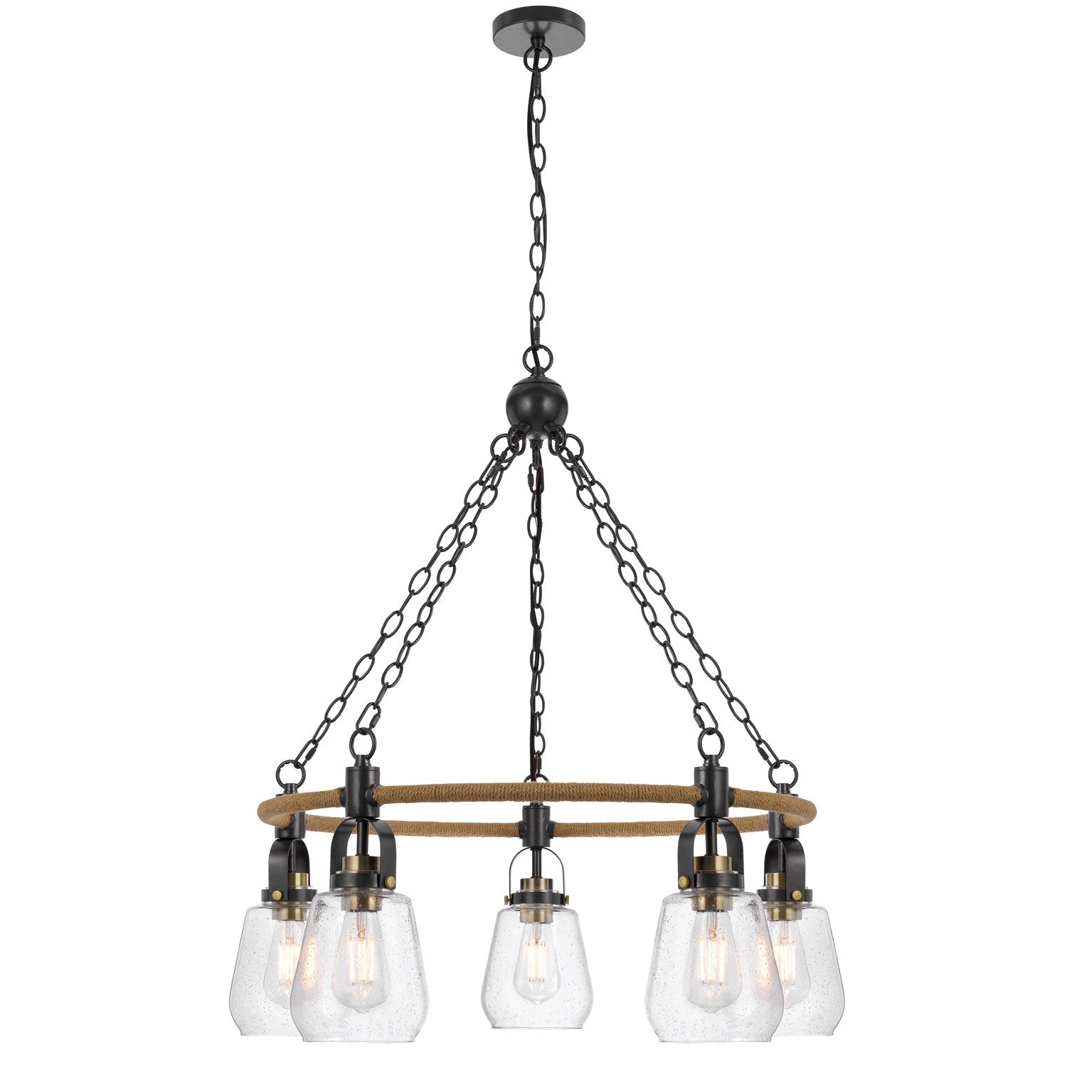 60W X 5  Metal Chandelier With Burlap Accent And Glass Shades