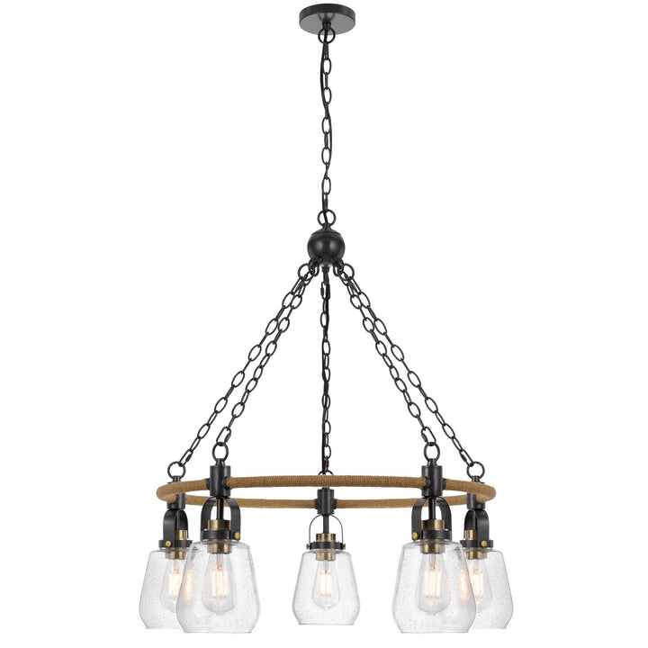 60W X 5  Metal Chandelier With Burlap Accent And Glass Shades