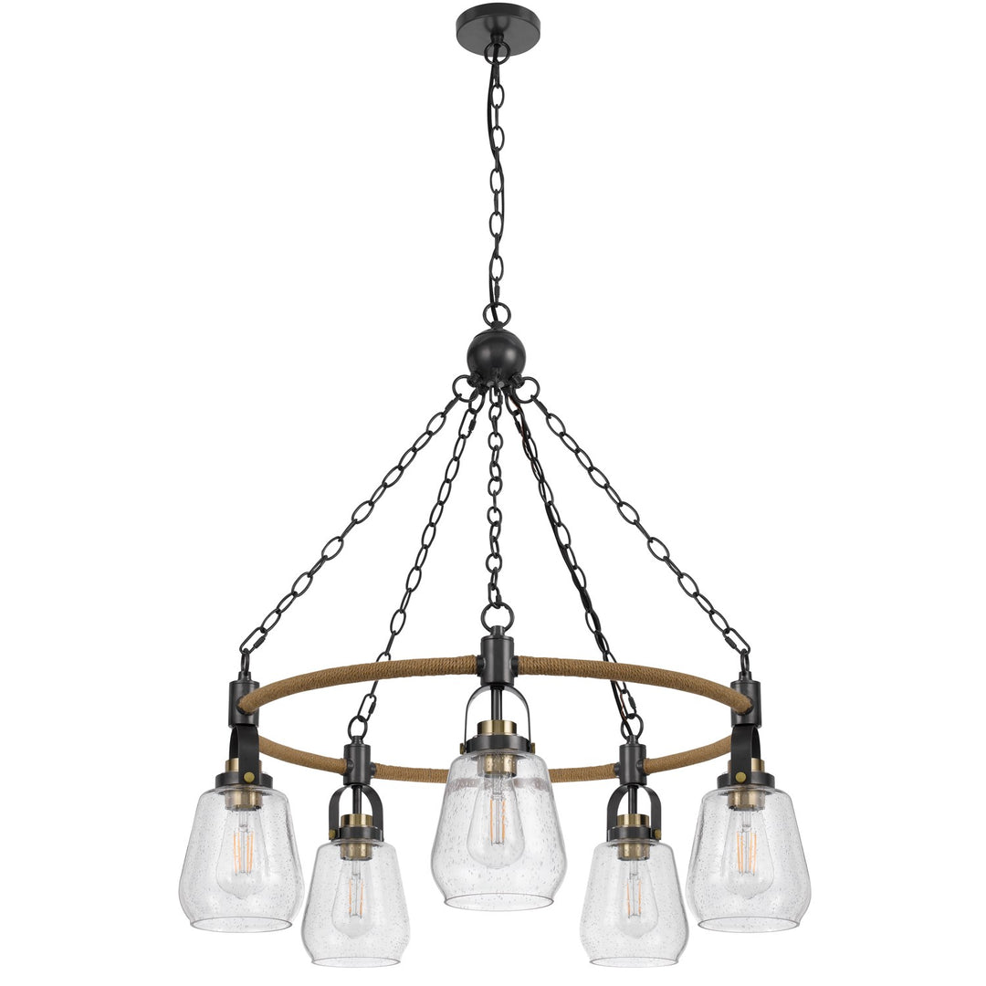 60W X 5  Metal Chandelier With Burlap Accent And Glass Shades