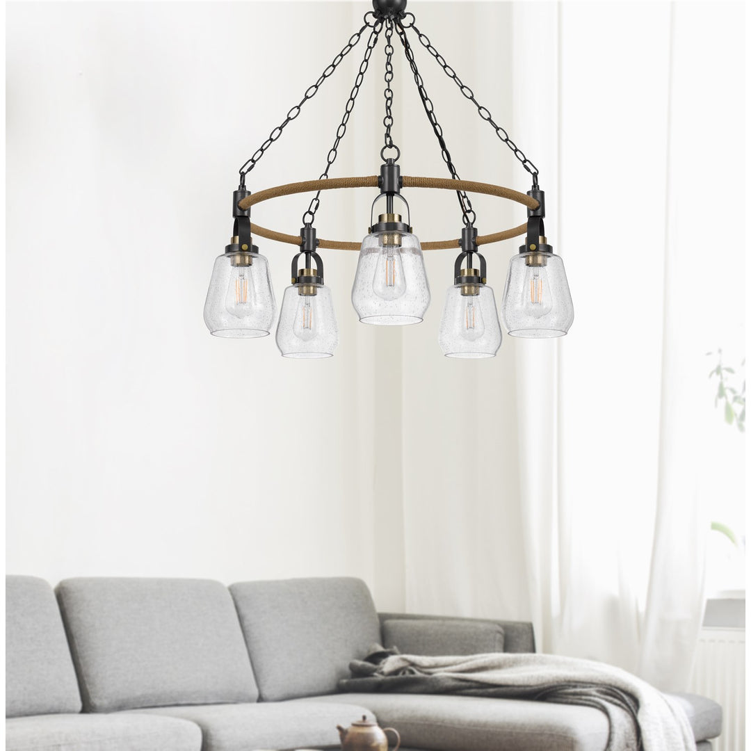 60W X 5  Metal Chandelier With Burlap Accent And Glass Shades
