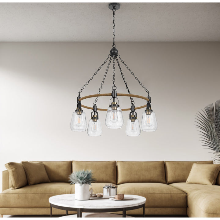 60W X 5  Metal Chandelier With Burlap Accent And Glass Shades