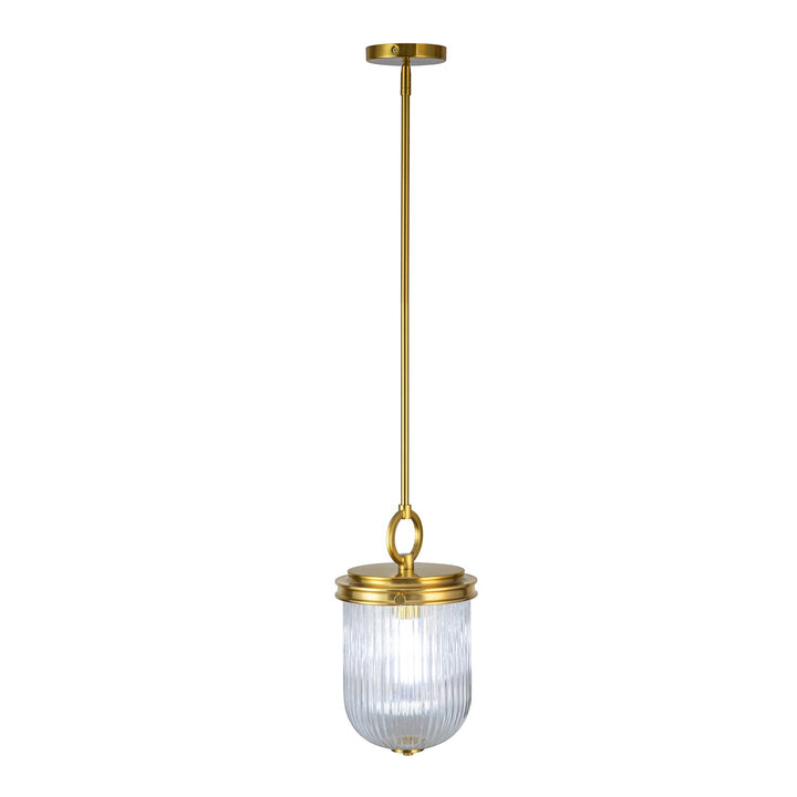 1 Light Pendant, Vintage Brass With Ribbed Glass Glassware