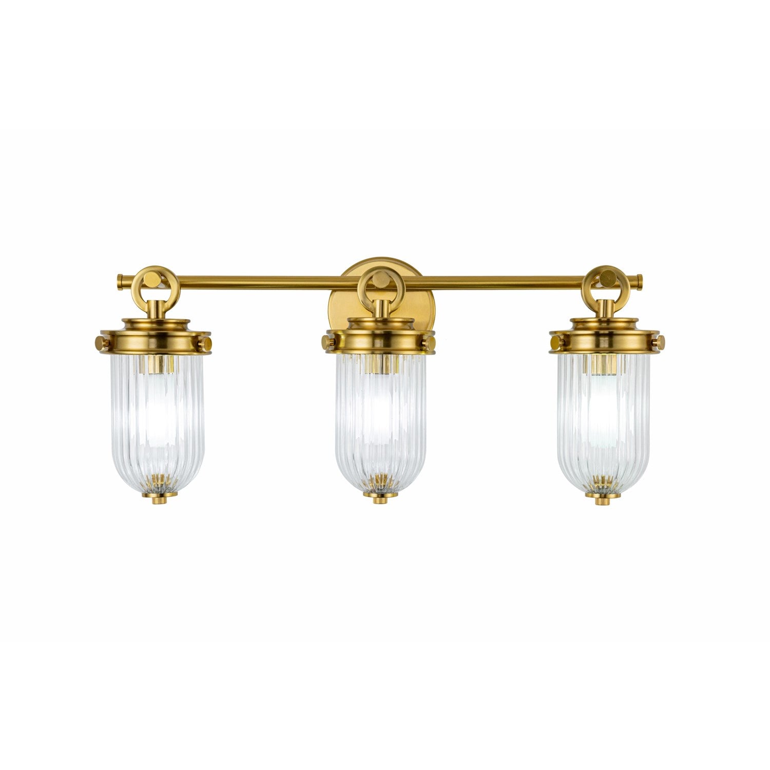 3 Light Bathroom, Vintage Brass With Ribbed Glass Glassware by Artcraft
