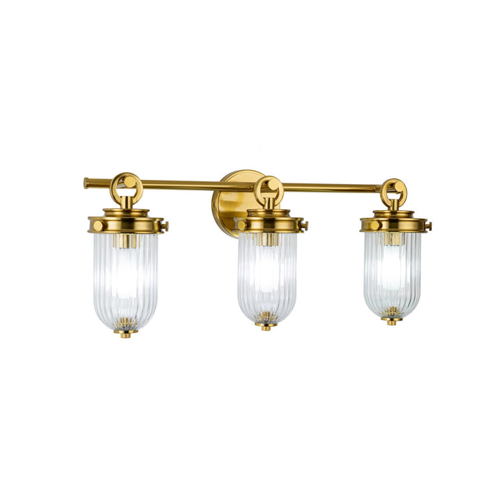 3 Light Bathroom, Vintage Brass With Ribbed Glass Glassware