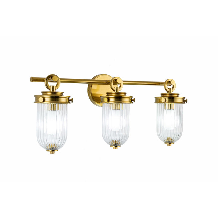 3 Light Bathroom, Vintage Brass With Ribbed Glass Glassware