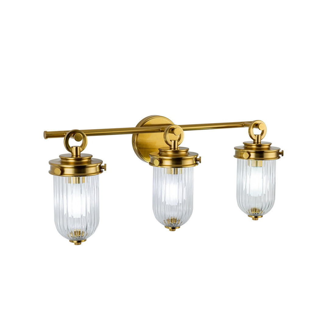 3 Light Bathroom, Vintage Brass With Ribbed Glass Glassware
