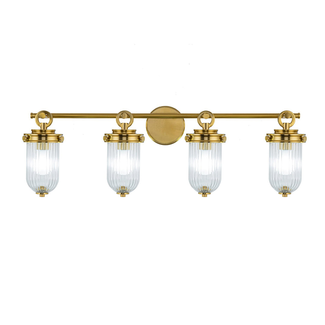 4 Light Bathroom Vanity, Vintage Brass With Ribbed Glass Glassware by Artcraft