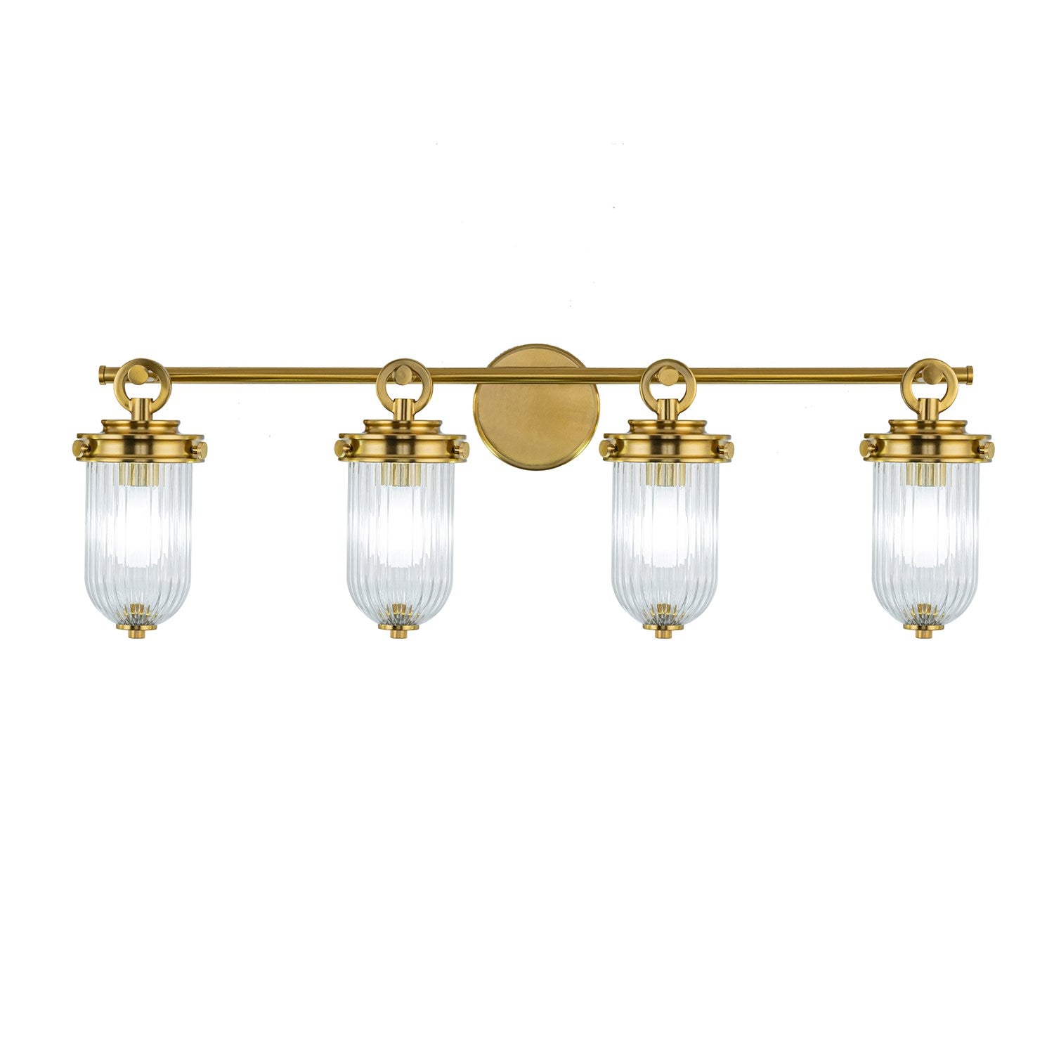 4 Light Bathroom Vanity, Vintage Brass With Ribbed Glass Glassware by Artcraft