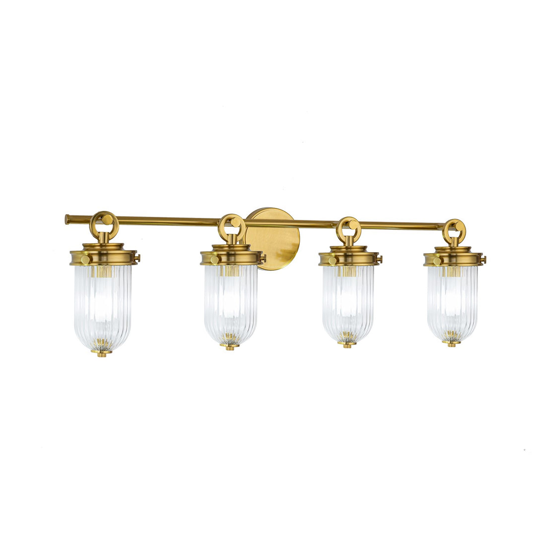 4 Light Bathroom Vanity, Vintage Brass With Ribbed Glass Glassware