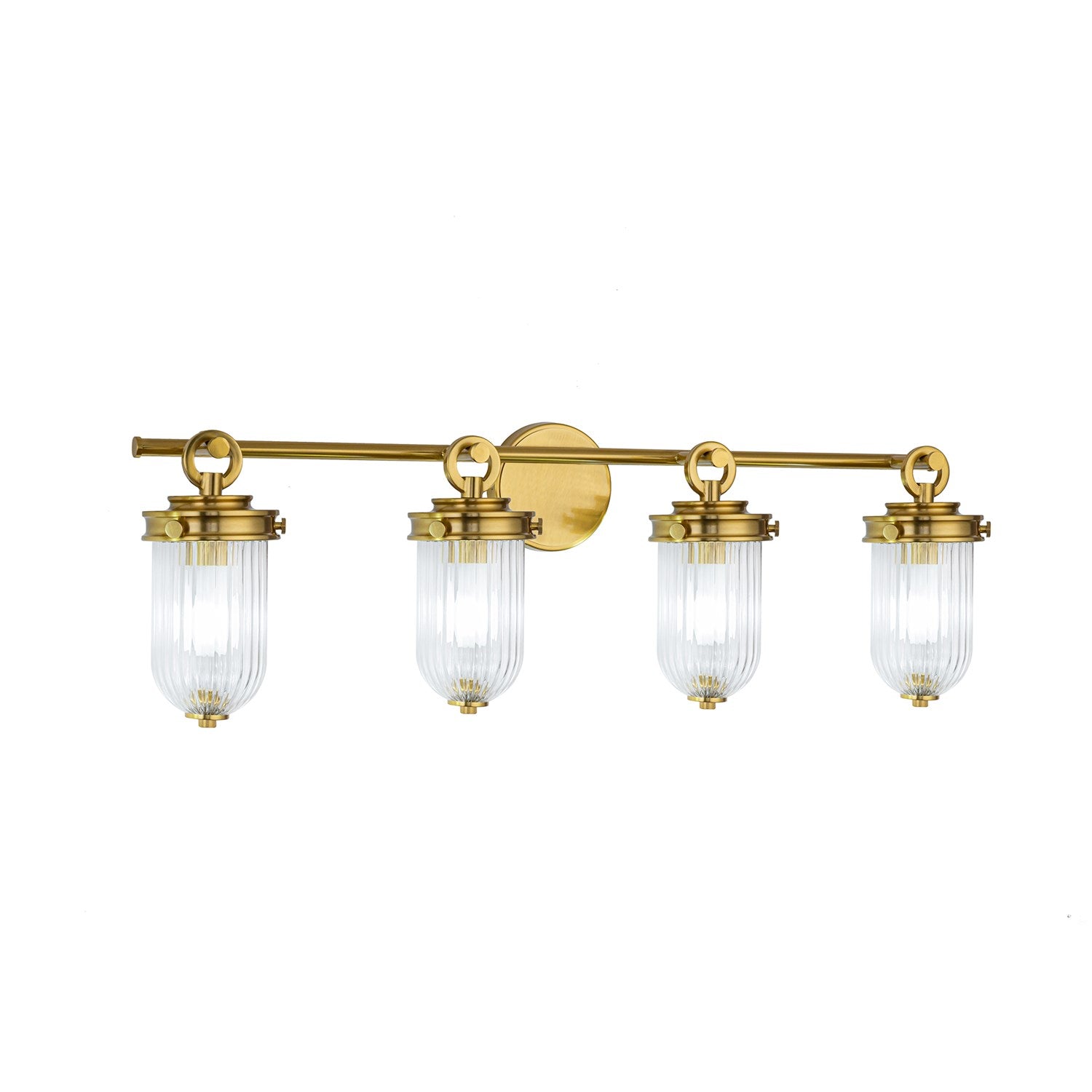 4 Light Bathroom Vanity, Vintage Brass With Ribbed Glass Glassware