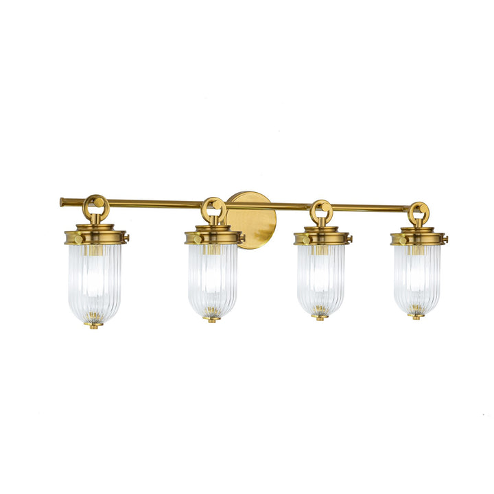 4 Light Bathroom Vanity, Vintage Brass With Ribbed Glass Glassware