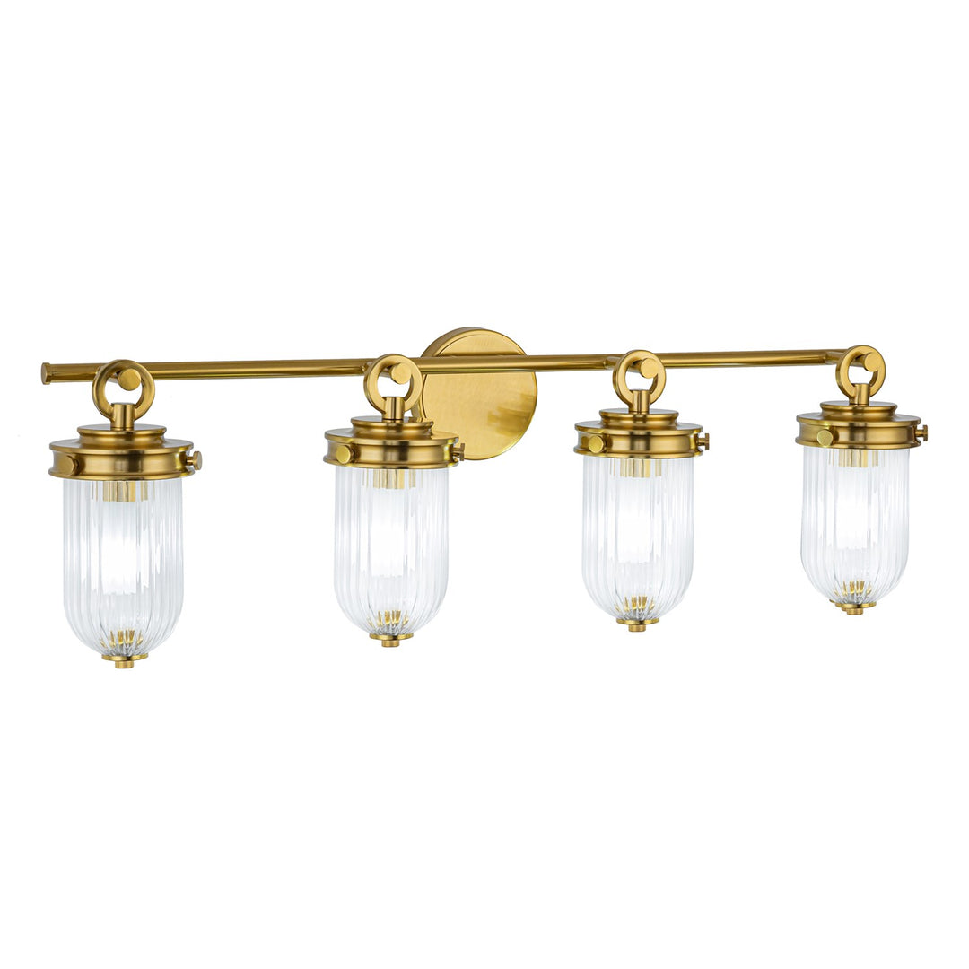 4 Light Bathroom Vanity, Vintage Brass With Ribbed Glass Glassware