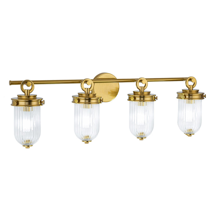 4 Light Bathroom Vanity, Vintage Brass With Ribbed Glass Glassware