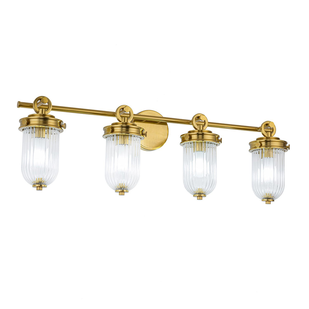 4 Light Bathroom Vanity, Vintage Brass With Ribbed Glass Glassware
