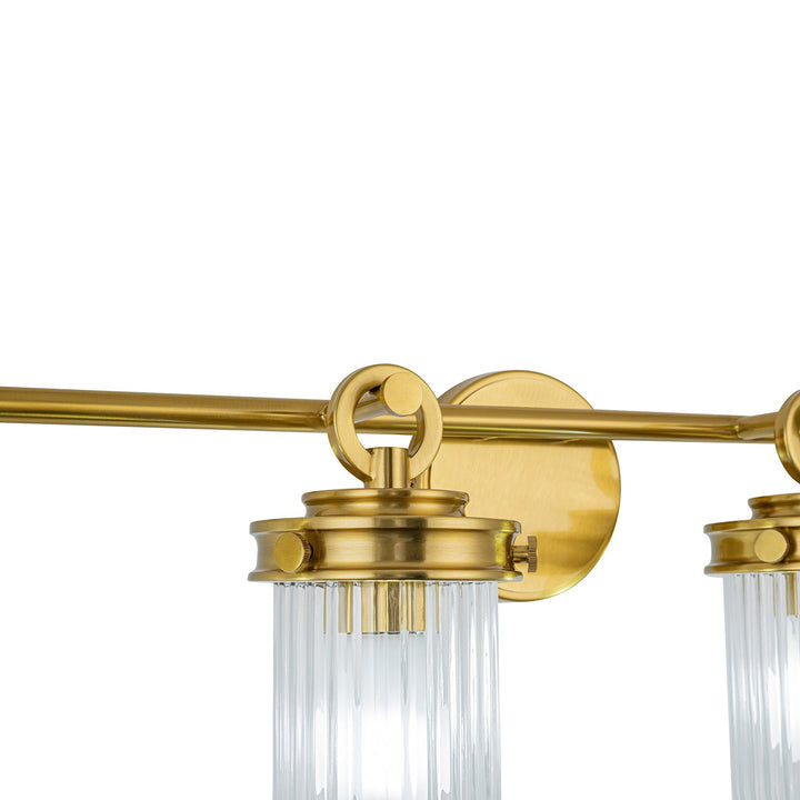 4 Light Bathroom Vanity, Vintage Brass With Ribbed Glass Glassware