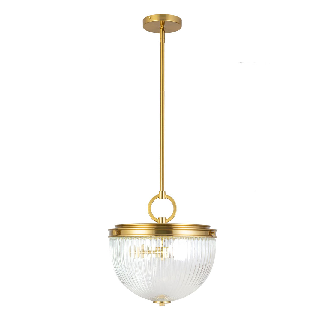 2 Light Pendant, Vintage Brass With Ribbed Glass Glassware by Artcraft