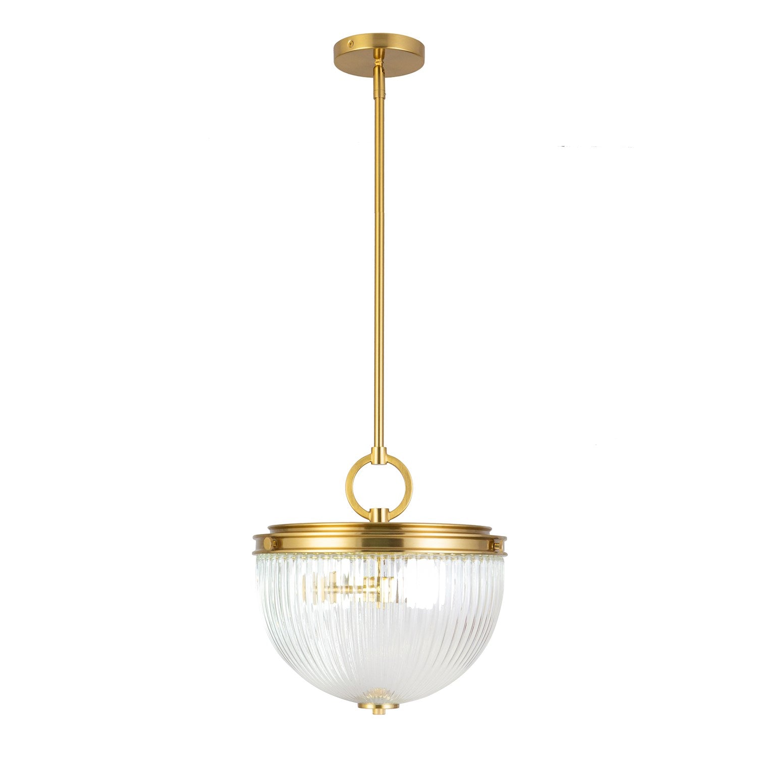 2 Light Pendant, Vintage Brass With Ribbed Glass Glassware by Artcraft