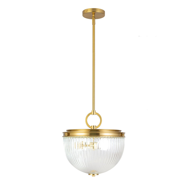 2 Light Pendant, Vintage Brass With Ribbed Glass Glassware by Artcraft
